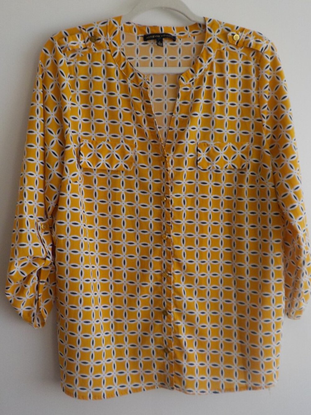 Adrienne Vittadini Blouse - Large - Yellow White Black Button Up (2513)